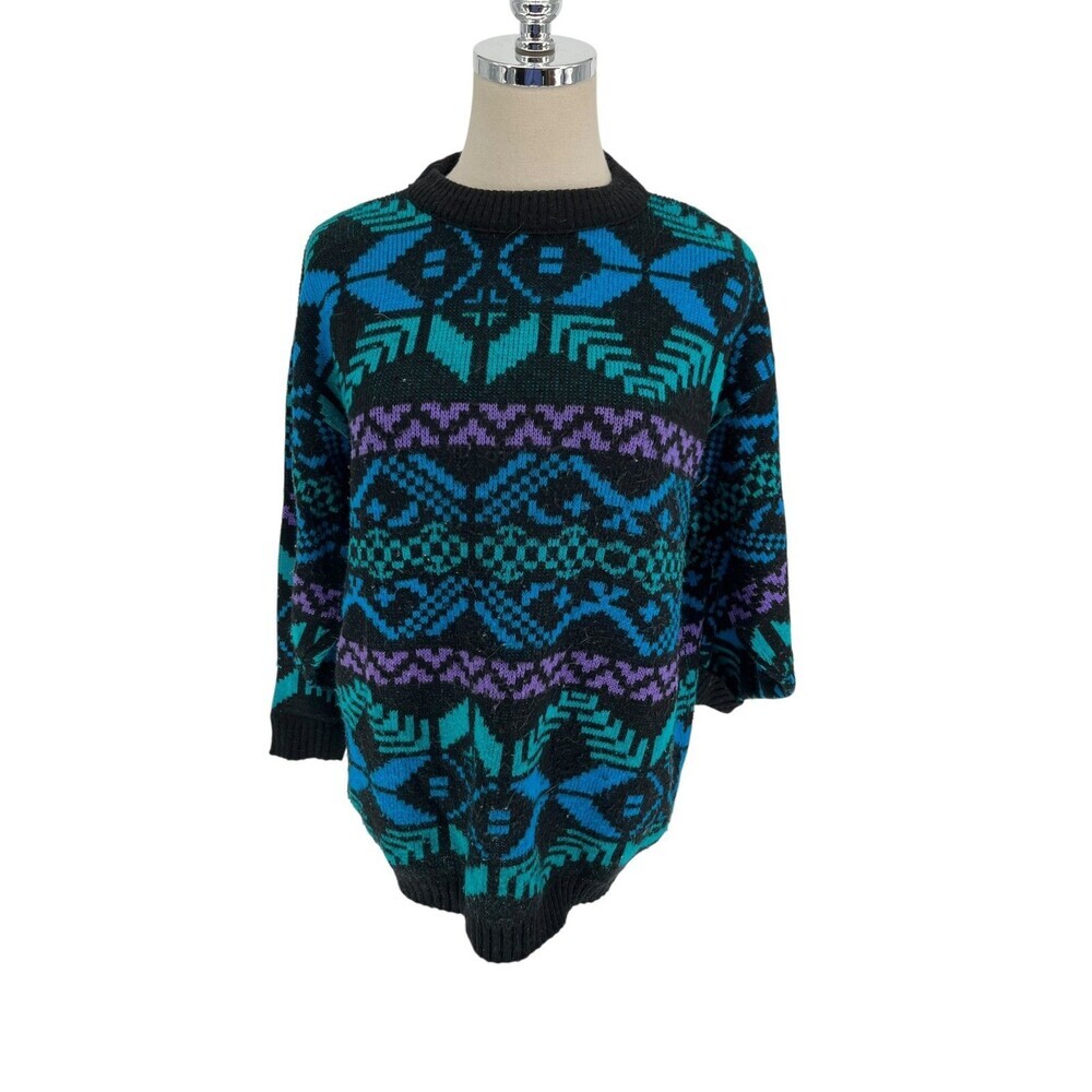 Justin Allen Vintage Sweater Size Large Women's Geometric 80s Teal Purple